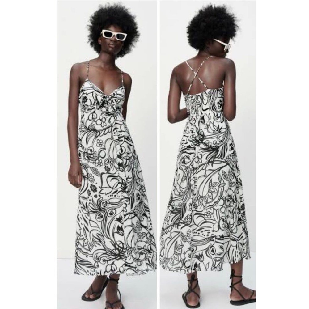 Zara Women’s Black‎ White Printed Midi Dress Summer Spaghetti Strap